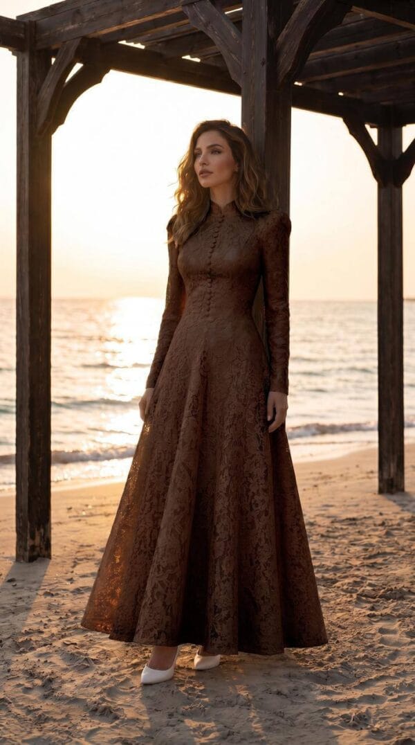 Chocolate High-Neck Lace-Effect A-Line Gown | Gallant Couture