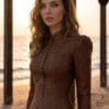 Chocolate High-Neck Lace-Effect A-Line Gown | Gallant Couture