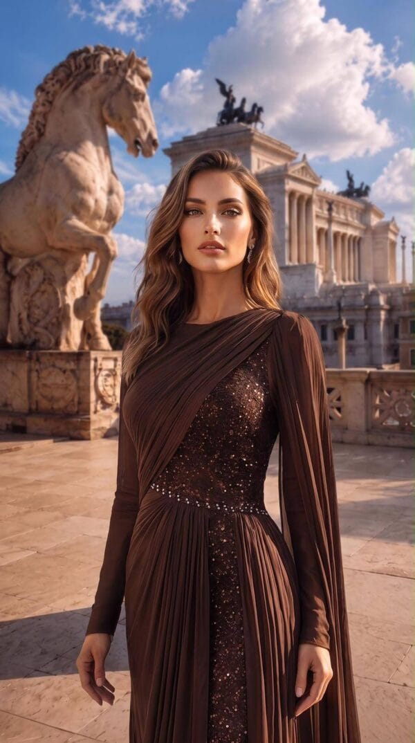 gallant-couture-chocolate-one-shoulder-cape-evening-gown-02 Chocolate One-Shoulder Cape Evening Gown | Gallant Couture
