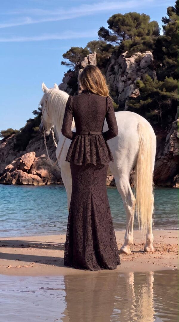 Chocolate Peplum Embellished Evening Dress Set | Gallant Couture