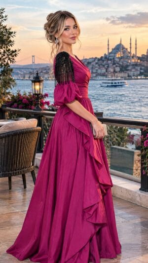 Fuchsia Ruffle-Sleeve Tiered Evening Gown | Gallant Couture