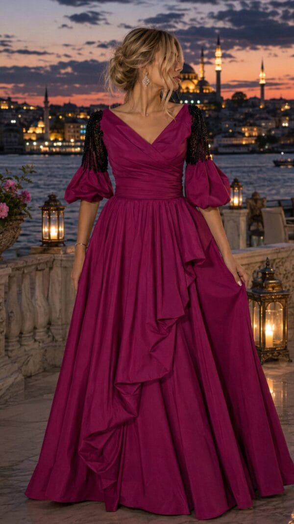 gallant-couture-fuchsia-ruffle-sleeve-tiered-evening-gown-02 Fuchsia Ruffle-Sleeve Tiered Evening Gown | Gallant Couture