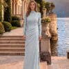 Ice Blue High-Neck Embellished Column Evening Gown | Gallant Couture