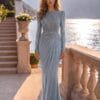 Ice Blue Ruched-Waist Embellished Evening Gown | Gallant Couture