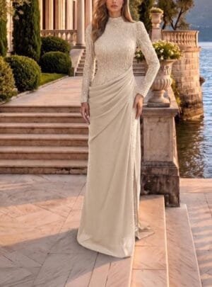 Ivory High-Neck Embellished Column Evening Gown | Gallant Couture