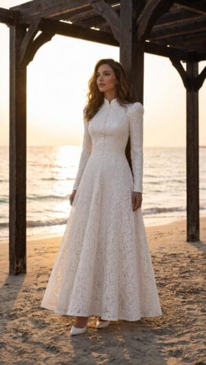 Ivory High-Neck Lace-Effect A-Line Gown | Gallant Couture