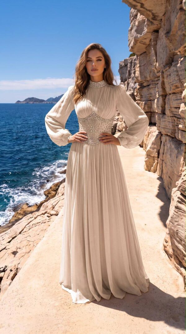 gallant-couture-ivory-pleated-embellished-waist-evening-gown-01 Ivory Pleated Embellished-Waist Evening Gown | Gallant Couture