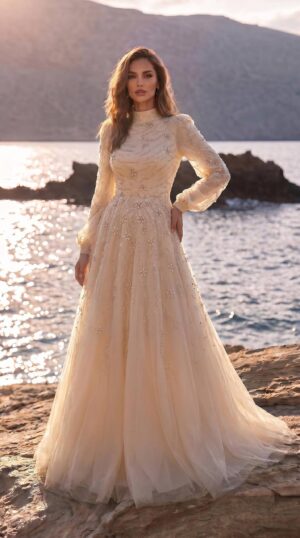 Ivory Star-Embellished A-Line Evening Gown | Gallant Couture