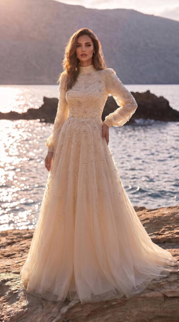 Ivory Star-Embellished A-Line Evening Gown | Gallant Couture