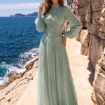 Mint Pleated Embellished-Waist Evening Gown | Gallant Couture