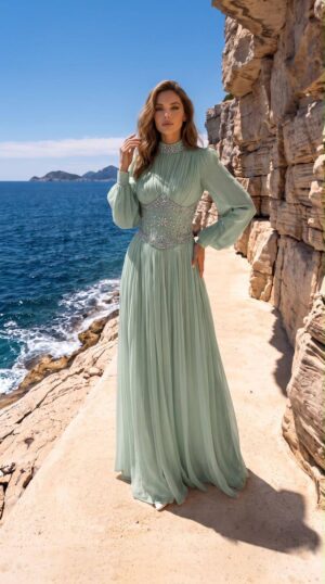 Mint Pleated Embellished-Waist Evening Gown | Gallant Couture