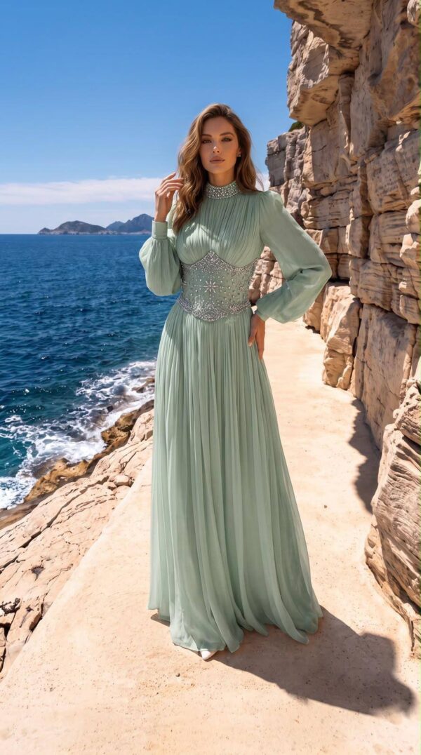 Mint Pleated Embellished-Waist Evening Gown | Gallant Couture