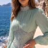 Mint Pleated Embellished-Waist Evening Gown | Gallant Couture
