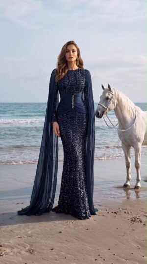 Navy Embellished Cape Evening Gown | Gallant Couture