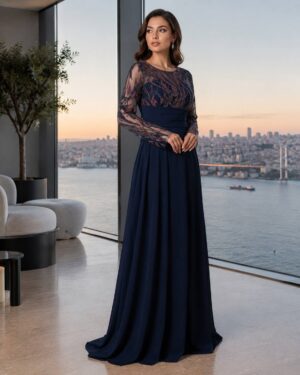 Navy Embellished Sheer-Detail Evening Gown | Gallant Couture