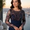 Navy Embellished Sheer-Detail Evening Gown | Gallant Couture