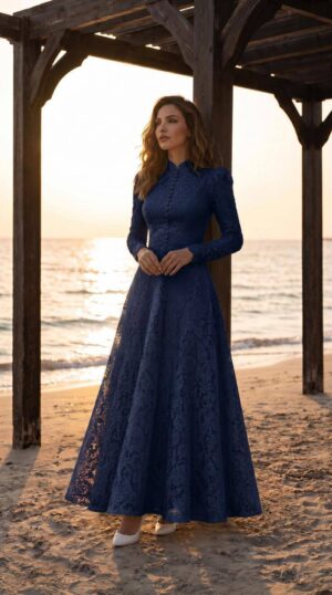 Navy High-Neck Lace-Effect A-Line Gown | Gallant Couture