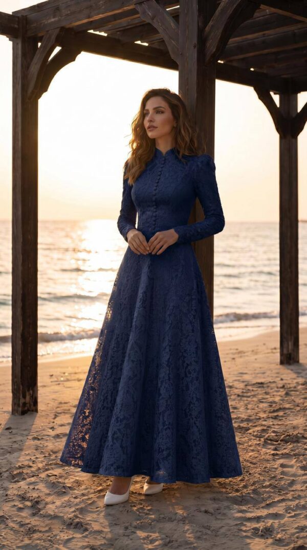 gallant-couture-navy-high-neck-lace-effect-a-line-gown-01 Navy High-Neck Lace-Effect A-Line Gown | Gallant Couture