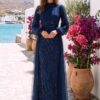 Navy Pleated Embroidered-Look Evening Gown | Gallant Couture