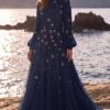 Navy Star-Embellished A-Line Evening Gown | Gallant Couture
