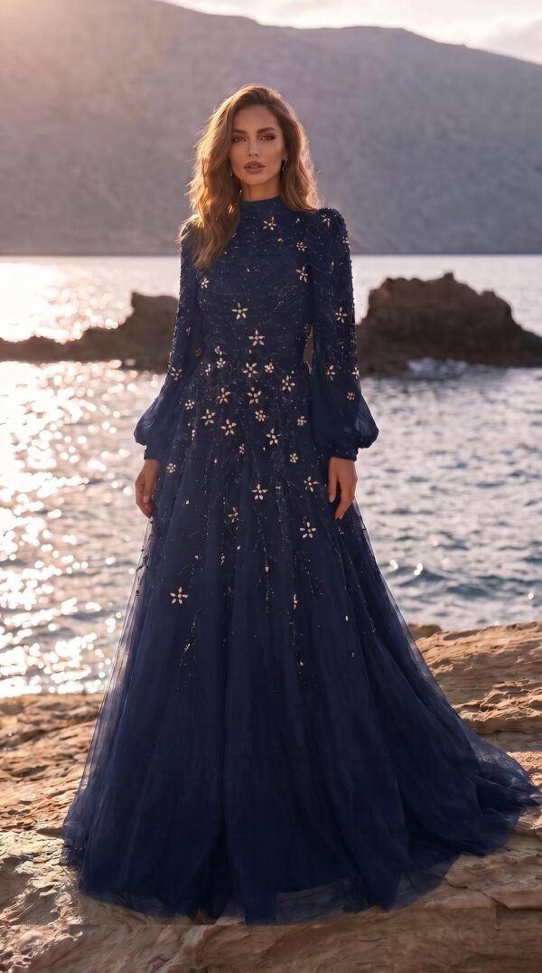 Navy Star-Embellished A-Line Evening Gown | Gallant Couture
