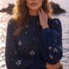 Navy Star-Embellished A-Line Evening Gown | Gallant Couture