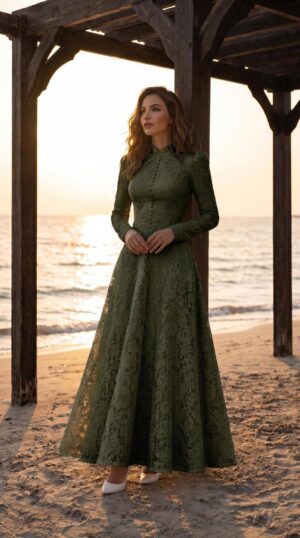 Olive High-Neck Lace-Effect A-Line Gown | Gallant Couture