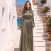 Olive Pleated Embellished-Neck Evening Gown | Gallant Couture