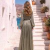 Olive Pleated Embellished-Neck Evening Gown | Gallant Couture