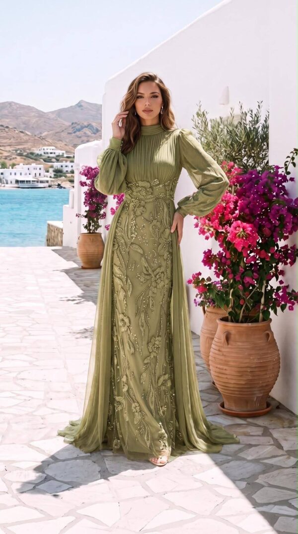 gallant-couture-olive-pleated-embroidered-look-evening-gown-01 Olive Pleated Embroidered-Look Evening Gown | Gallant Couture