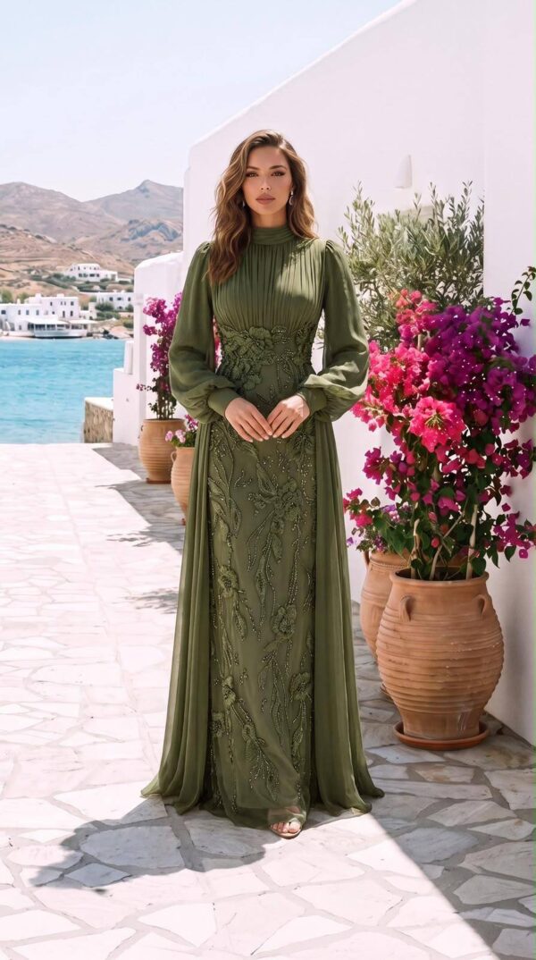 gallant-couture-olive-pleated-embroidered-look-evening-gown-02 Olive Pleated Embroidered-Look Evening Gown | Gallant Couture