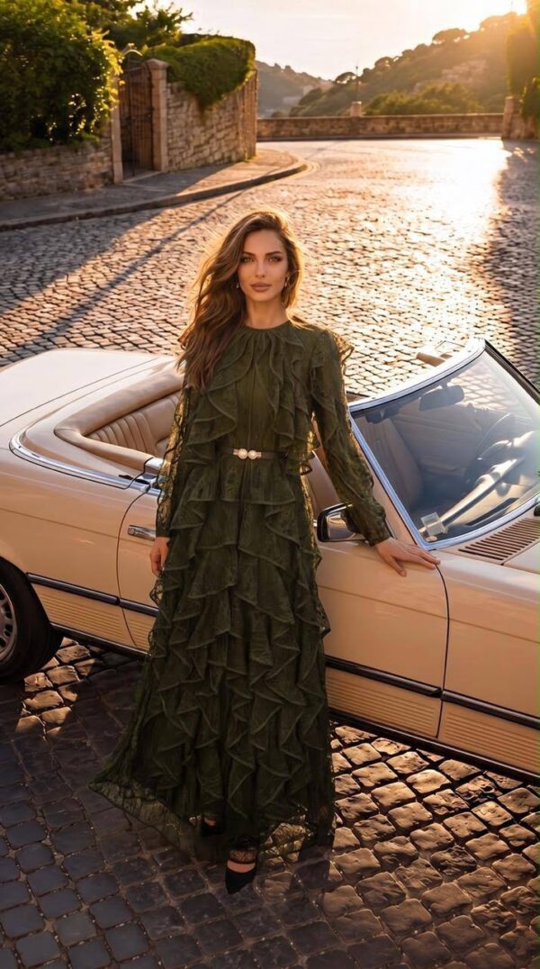 Olive Ruffle-Tiered Evening Gown | Gallant Couture
