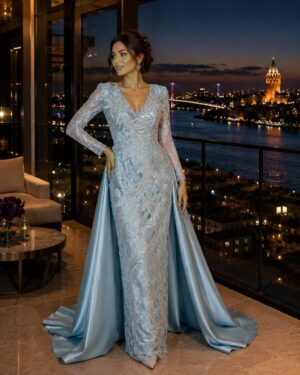 Powder Blue Embellished Train Evening Gown | Gallant Couture