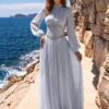 Powder Blue Pleated Embellished-Waist Evening Gown | Gallant Couture