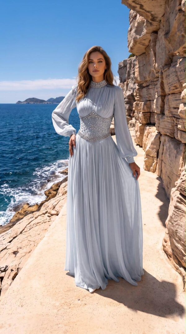 Powder Blue Pleated Embellished-Waist Evening Gown | Gallant Couture
