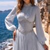 Powder Blue Pleated Embellished-Waist Evening Gown | Gallant Couture