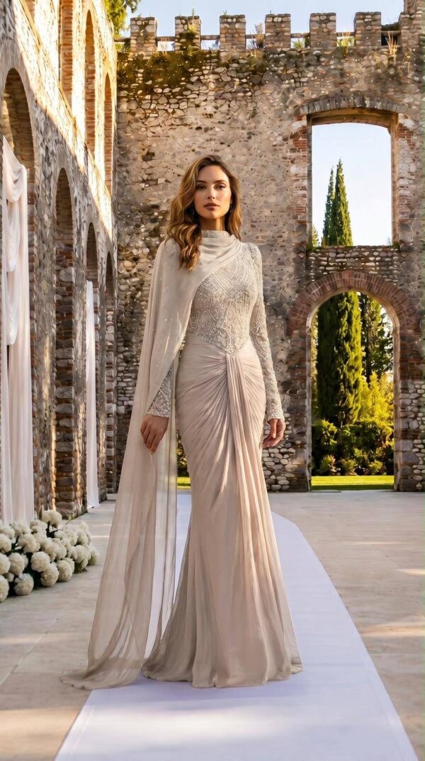 Silver Cape-Sleeve Draped Evening Gown | Gallant Couture
