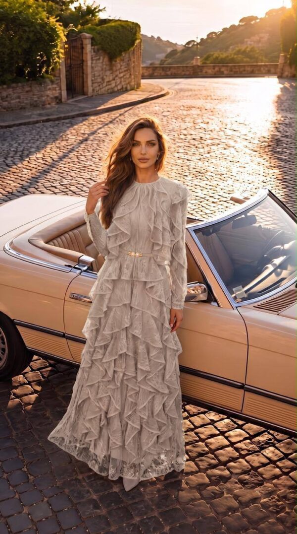 Silver Ruffle-Tiered Evening Gown | Gallant Couture