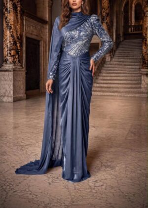gallant-couture-slate-blue-one-shoulder-draped-evening-gown-01 Slate Blue One-Shoulder Draped Evening Gown | Gallant Couture