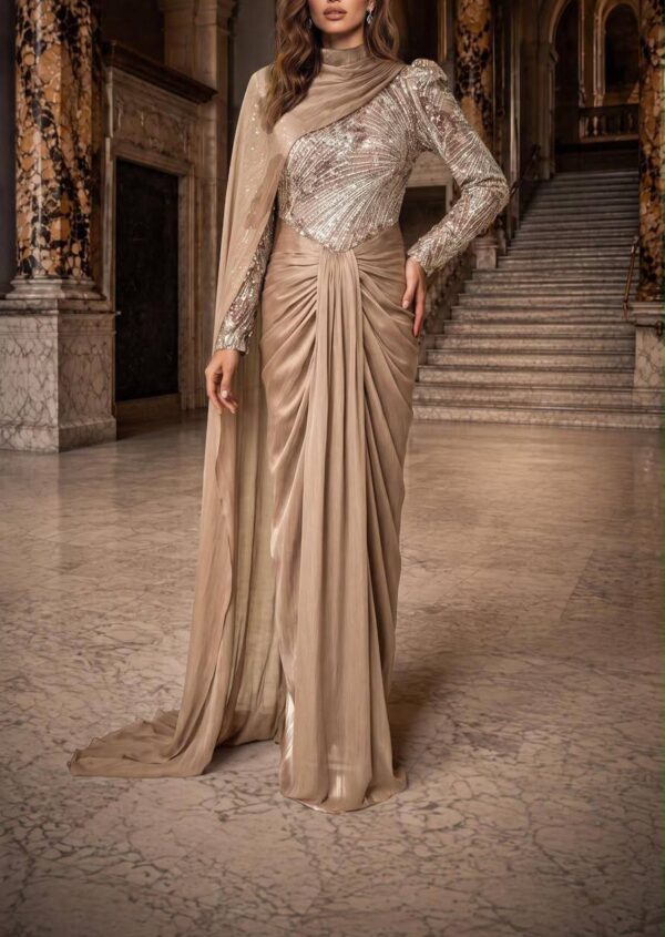 gallant-couture-taupe-one-shoulder-draped-evening-gown-01 Taupe One-Shoulder Draped Evening Gown | Gallant Couture